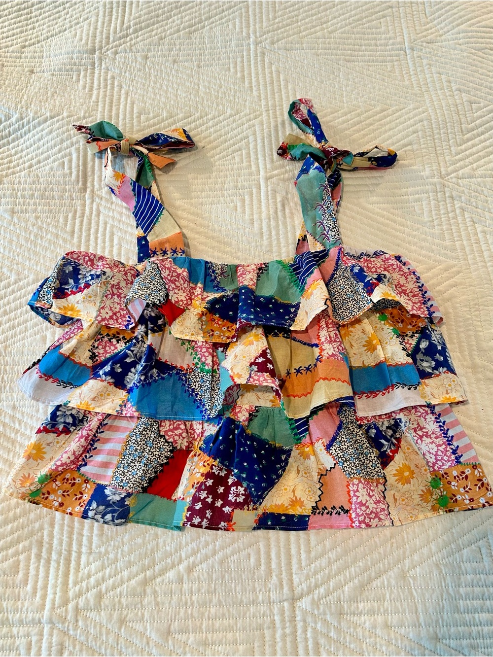 Sezane Multicolor Patchwork Ruffle Camisole with Tie Straps